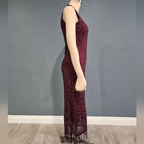 Vintage CAROLE LITTLE Petite Burgundy Crochet Knit Lace Maxi Dress 4P - Picture 6 of 8
